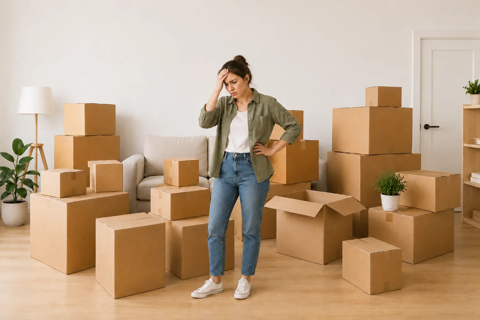 New Bangalore home on delivery day with unopened moving cartons stacked across the living room