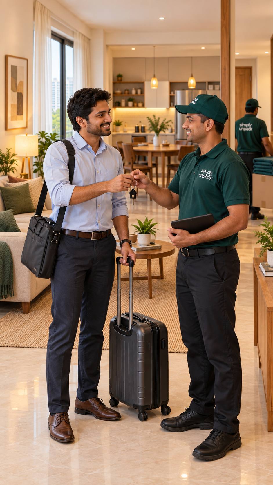 Simply Unpack team member handing over keys to a relocating employee in a ready home