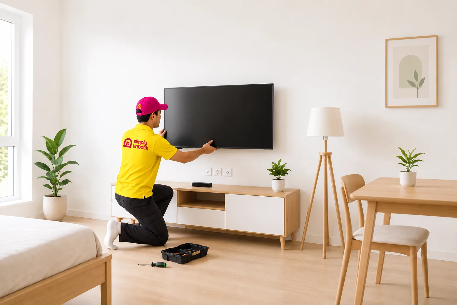 TV, bed and curtain installation during a Bangalore home setup