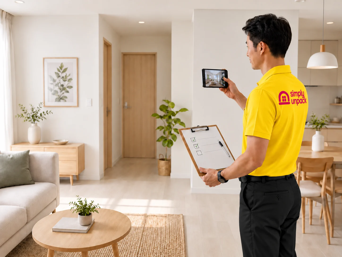 Room-by-room quality check and photo handover of a completed home setup