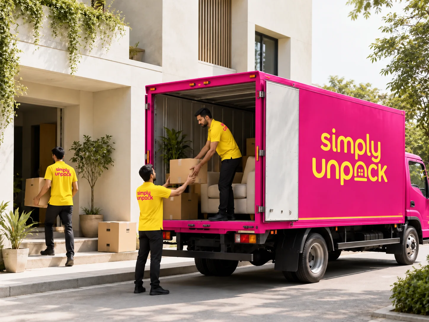 Simply Unpack packers and movers team loading a green Simply Unpack truck outside a Bangalore home