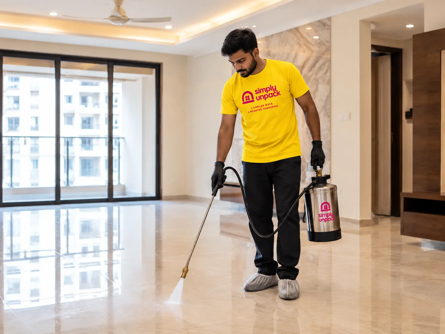 Simply Unpack technician spraying pest control treatment in an empty Bangalore apartment before move-in