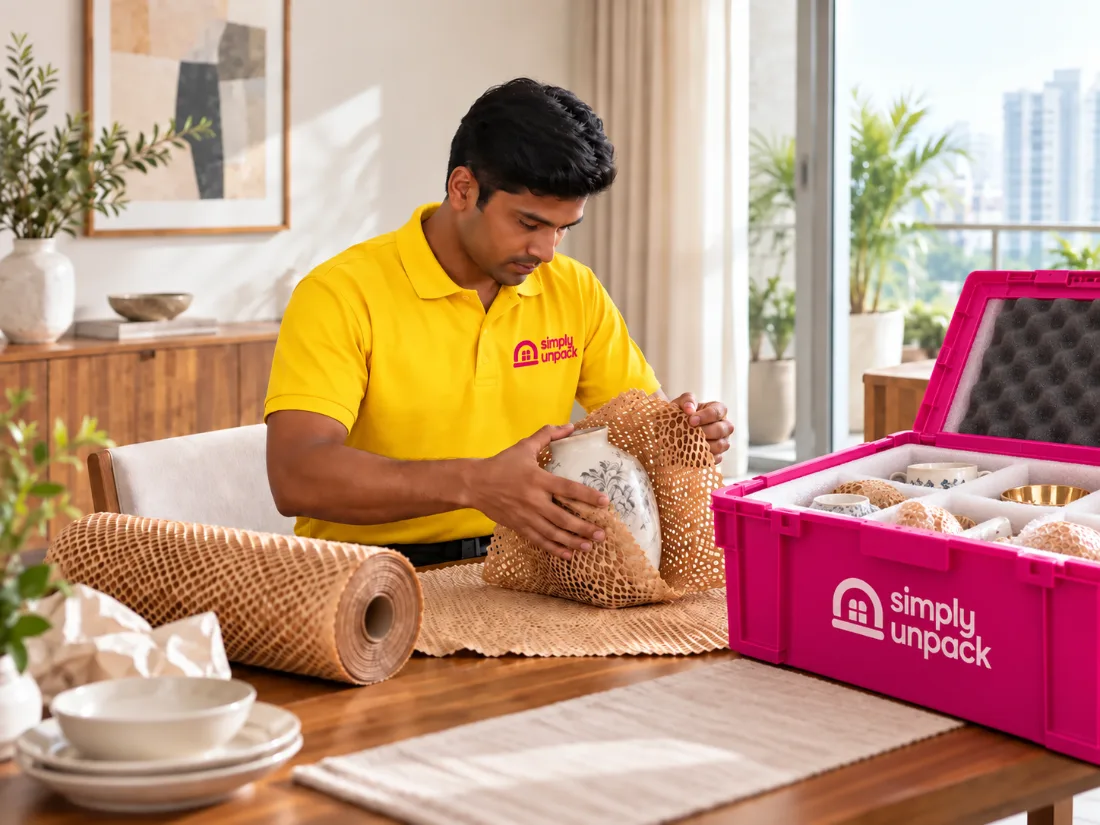 Simply Unpack packer wrapping a ceramic vase in honeycomb paper beside a foam-lined pink crate for fragile items