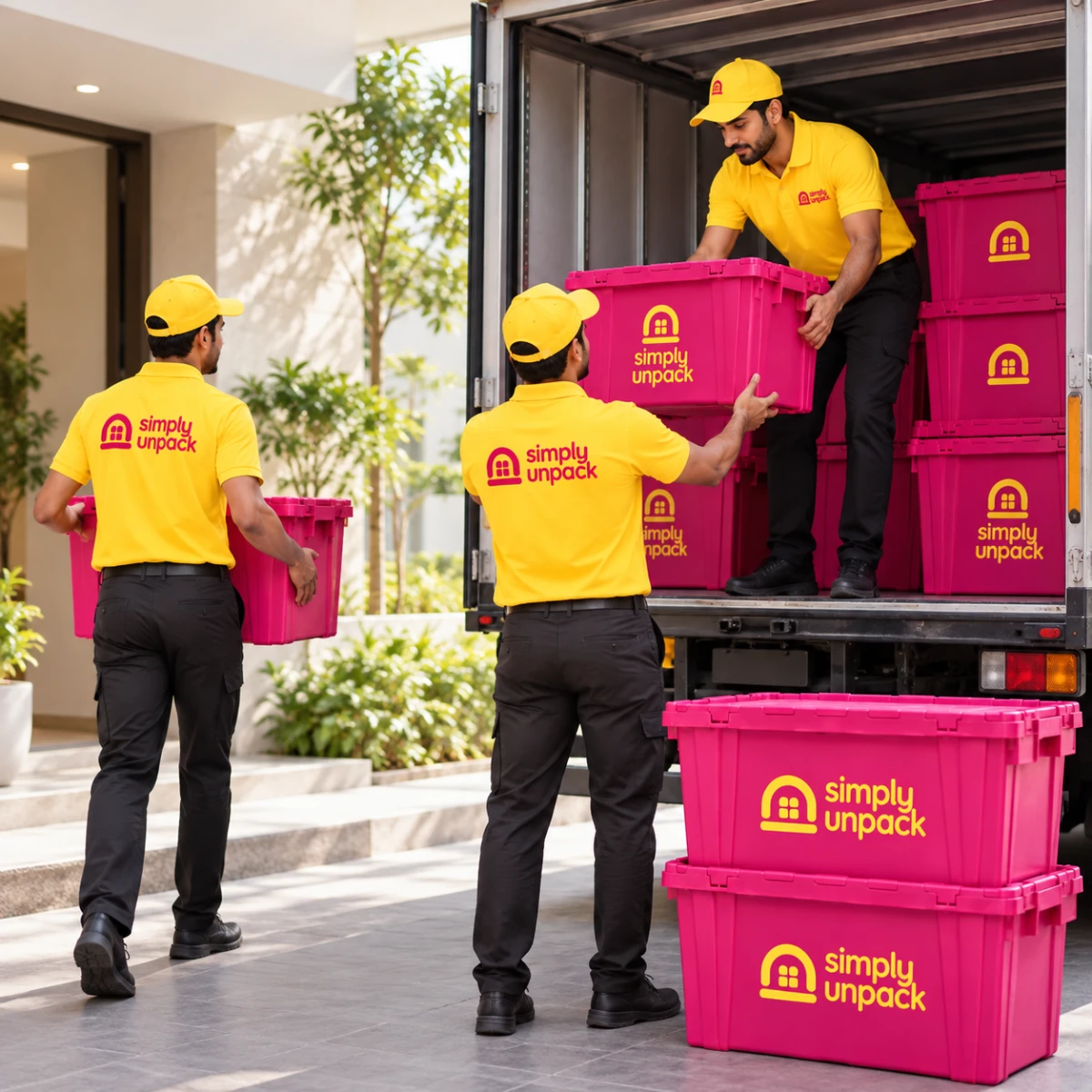 Simply Unpack crew loading pink reusable Simply Unpack containers into a truck outside a Bengaluru apartment