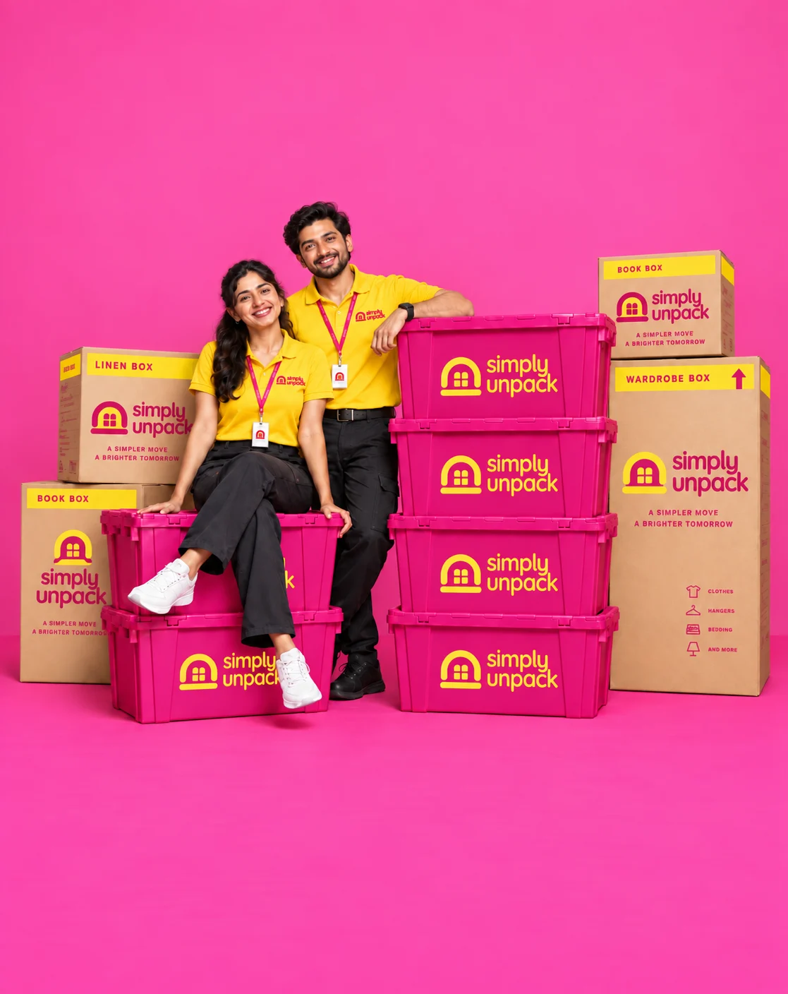 Simply Unpack team in yellow uniforms with pink branded moving crates and labelled linen, book and wardrobe boxes on a pink background