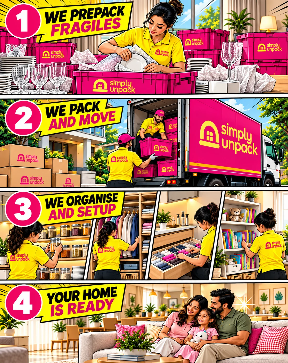 Simply Unpack in four steps: we prepack fragiles, we pack and move, we organise and set up, and your home is ready
