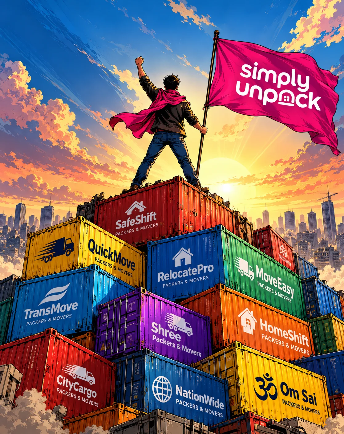 A man in a pink cape raises his fist and a Simply Unpack flag on top of a mountain of old packers and movers shipping containers at sunrise