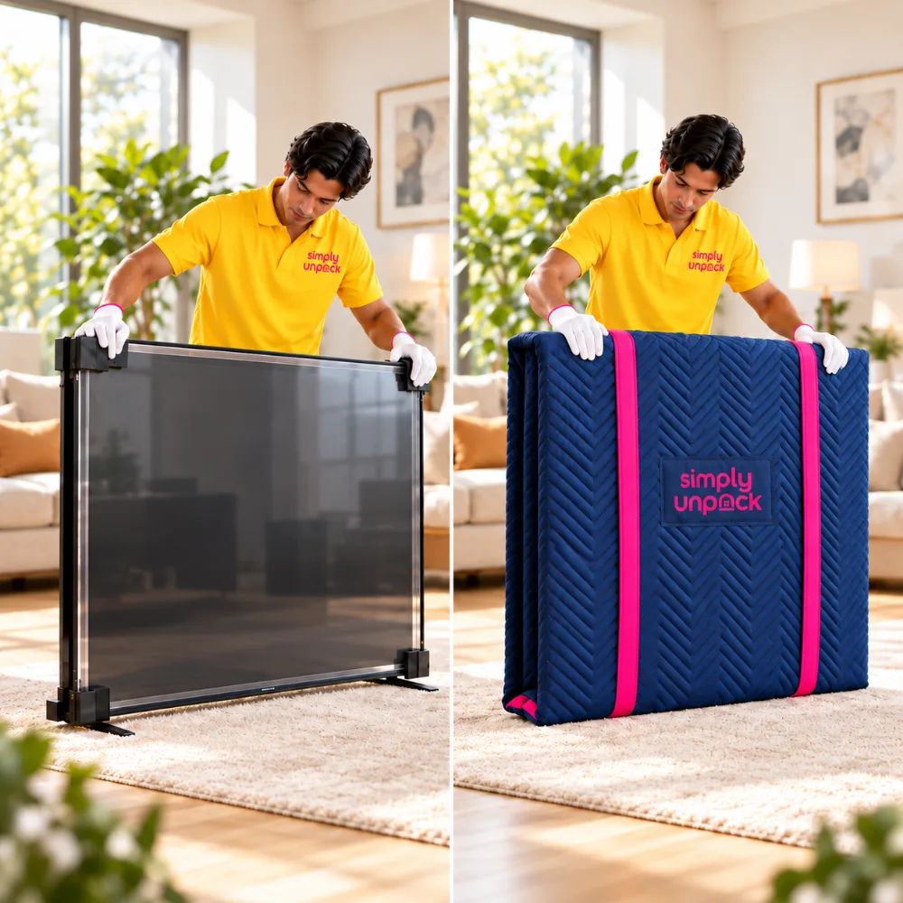 Simply Unpack mover in white gloves wrapping a flat-screen TV in a quilted navy moving blanket secured with pink straps