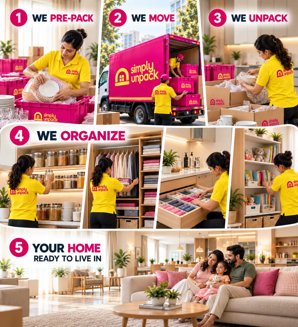 Simply Unpack in five steps: we pre-pack, we move, we unpack, we organize, and your home is ready to live in