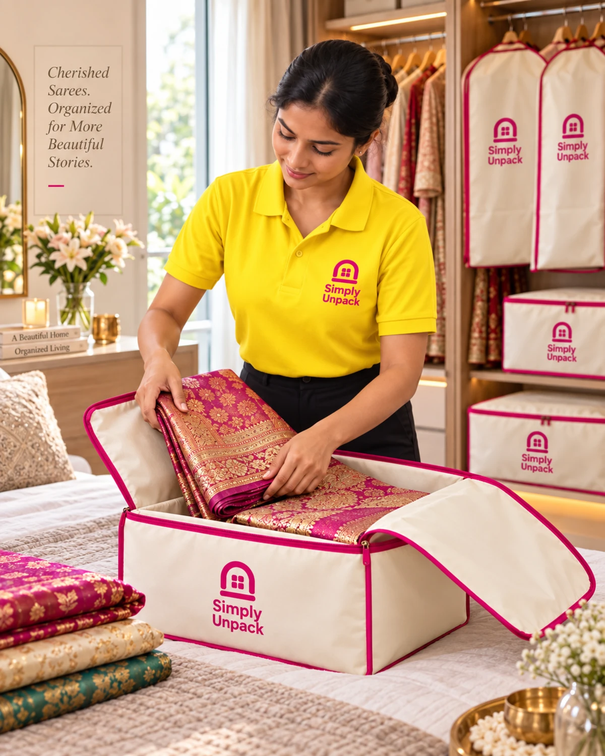 Simply Unpack team member folding a silk saree into a branded cloth storage box, with garment bags and storage boxes in the wardrobe behind