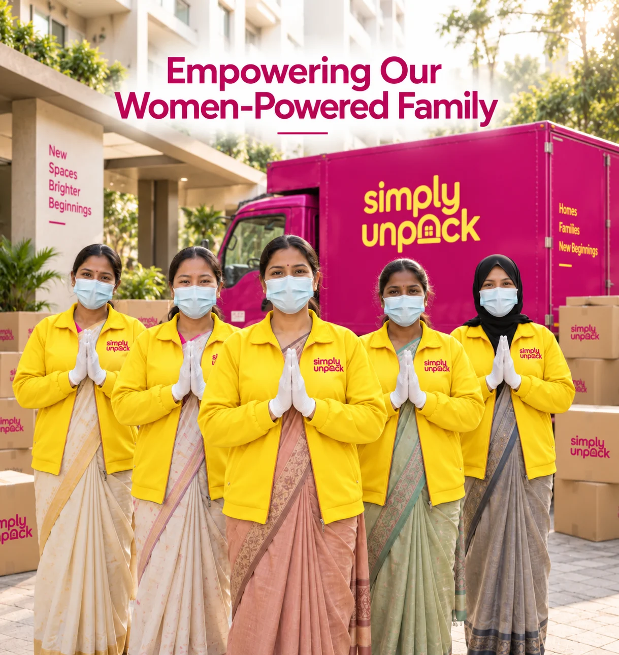 Simply Unpack's women-powered team in yellow uniforms greeting customers with folded hands in front of a pink branded moving truck
