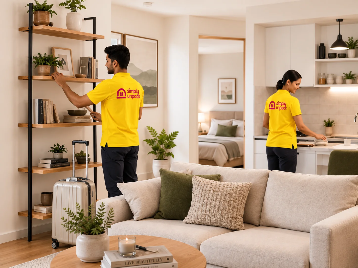 Unpacking service arranging boxes room by room in a new Bangalore home